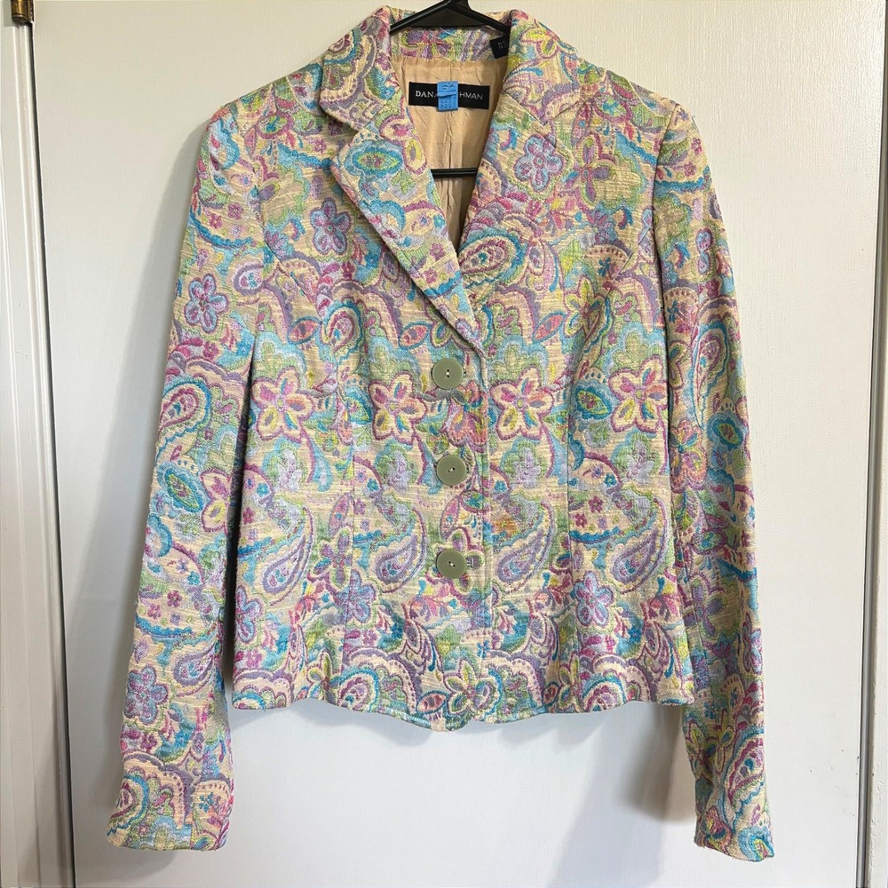 Dana Buchman Womens Tapestry Paisley Floral Blazer Jacket Pastel Multicolor Boho